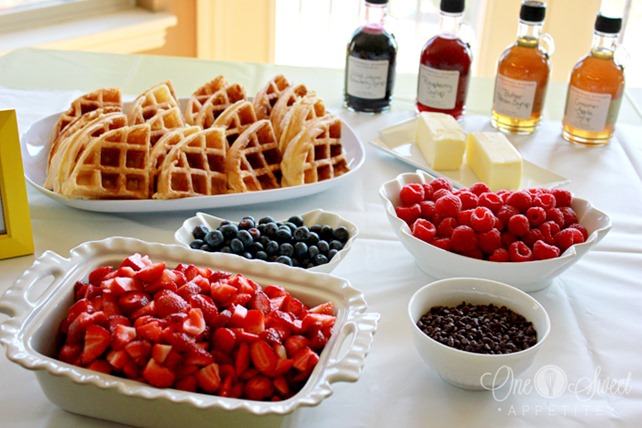 Lovely waffle bar layout for a brunch!