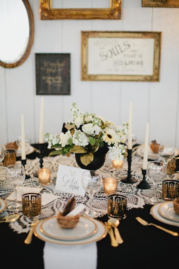 Black and Gold Wedding Tablescape With A Vintage Vibe. 