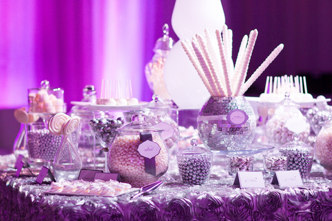 Purple and white wedding candy buffet