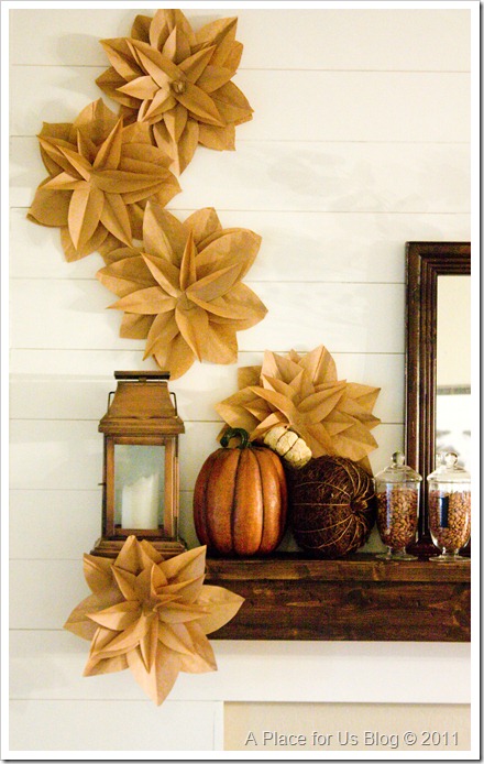 Brown DIY flowers are perfect for a Thanksgiving Mantel