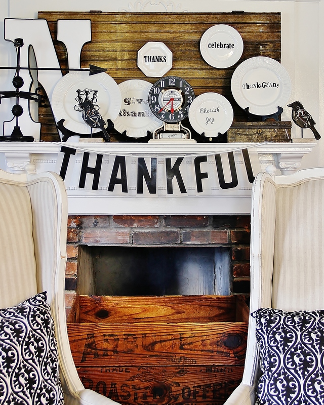 Modern black and white whimical Thanksgiving Mantel