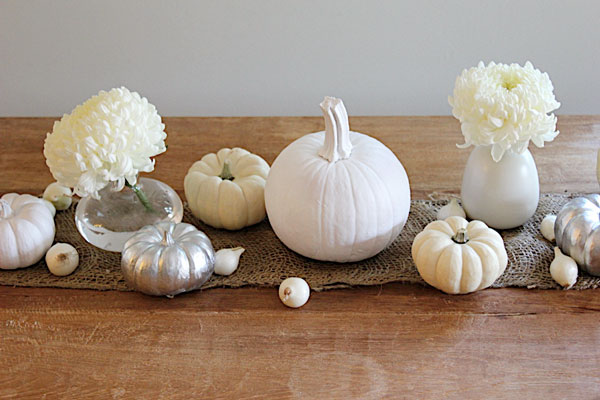 White and silver painted pumpkin centerpieces for Thanksgiving