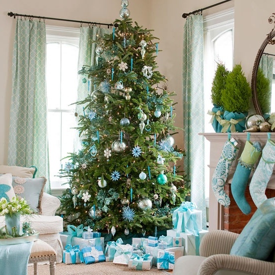 Light blue and white decorated Christmas tree