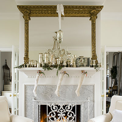 White and silver vintage Christmas mantel