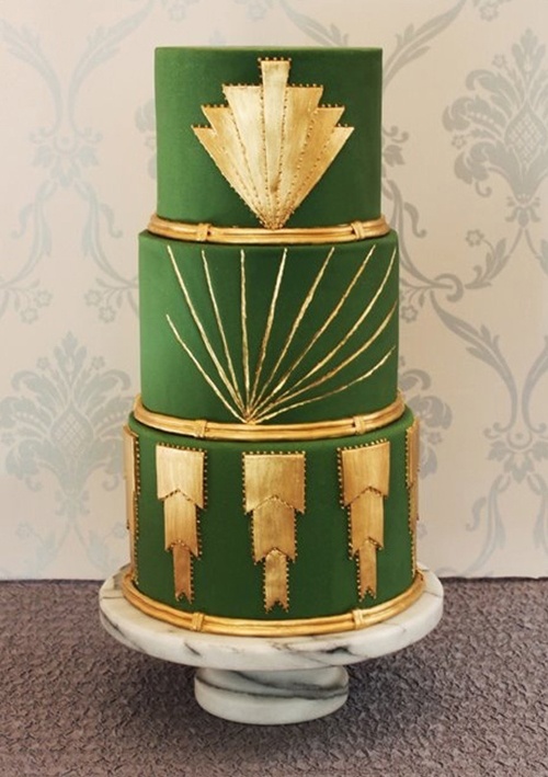 20's themed green and gold engagement party cake