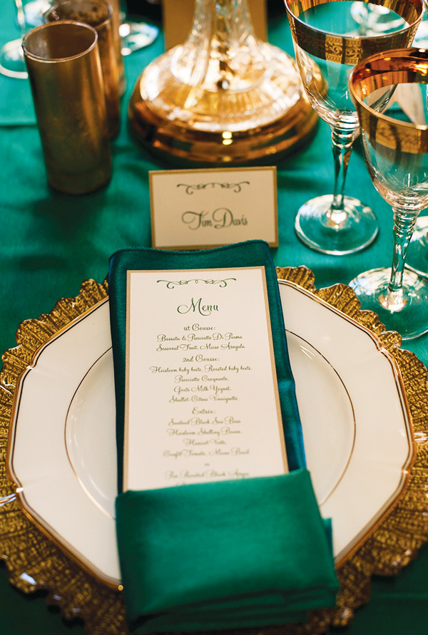 Emerald and gold place setting-perfect for an engagement party