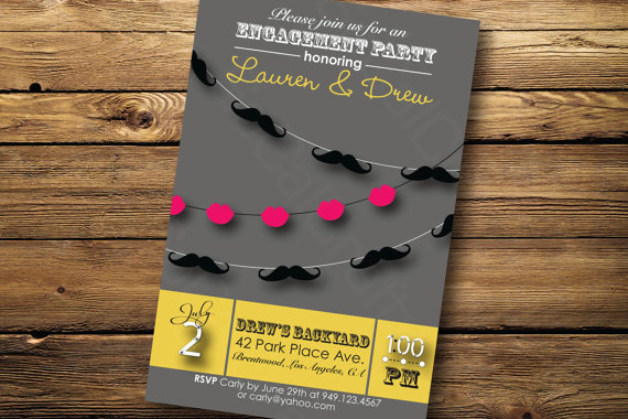 Mustache and lips engagement party invitation