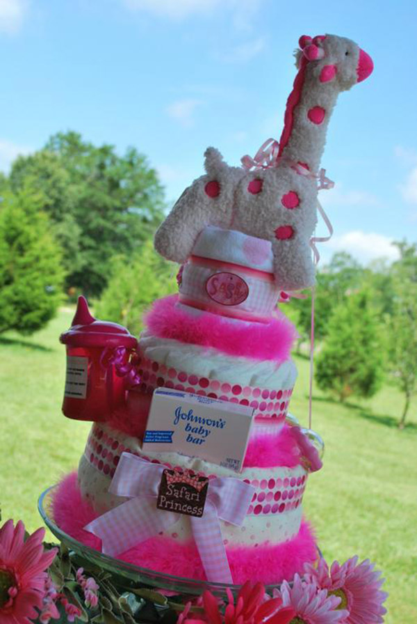 baby girl safari themed diaper cake!