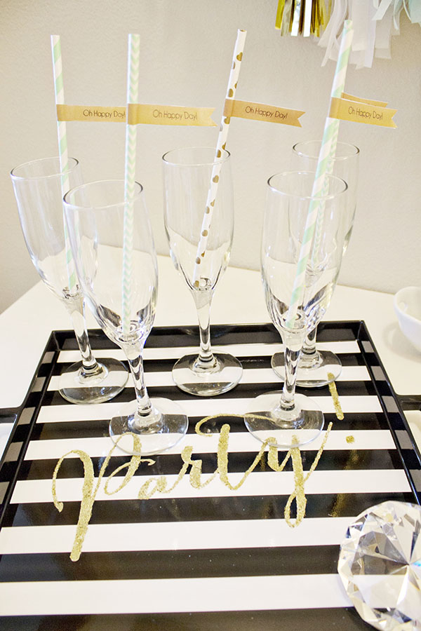 We Love this gold glitter party serving tray at this Engagement Party! -B. Lovely Events