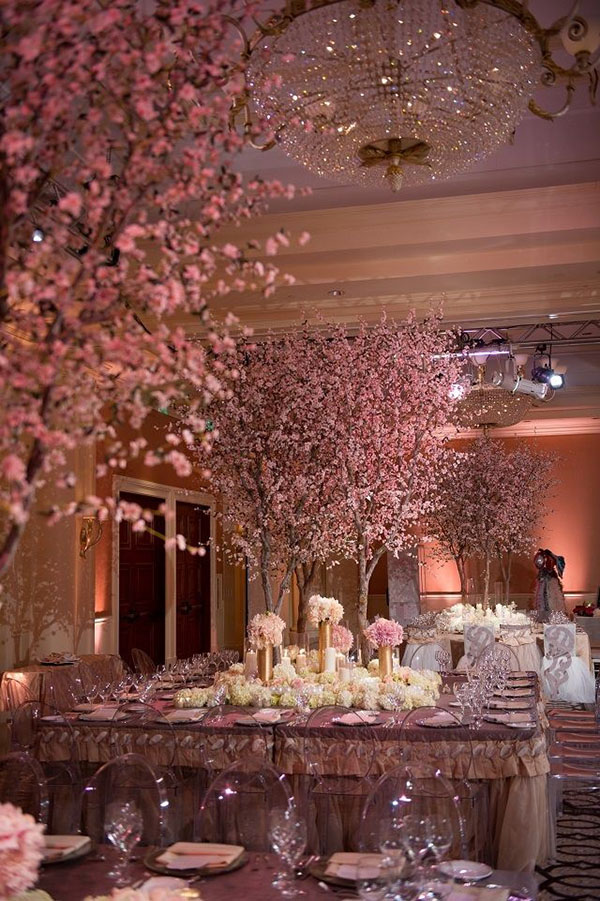 I love the indoor cherry blossom trees at this wedding