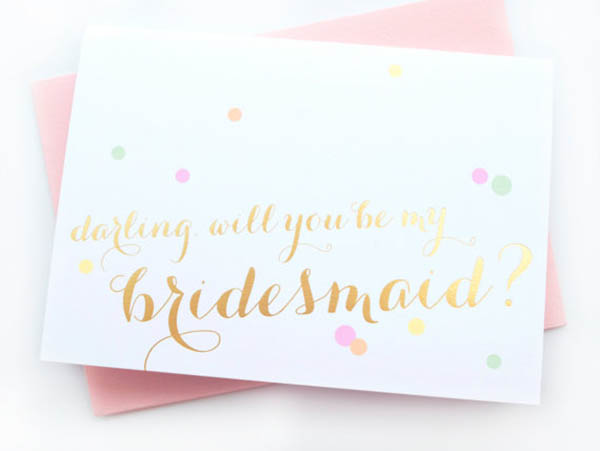 Love this gold and confetti Will you be my bridesmaid card!