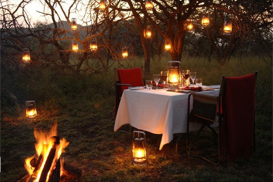 Romantic Outdoor dinner setting with lanterns- Cozy!