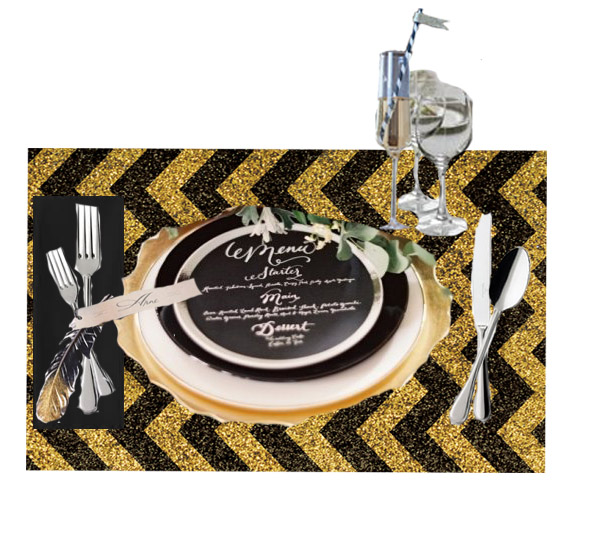 Black and gold place setting