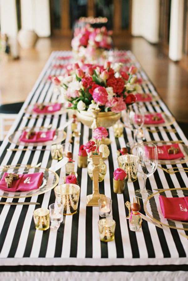 Black and white and pink tablescape- cute for bridal shower