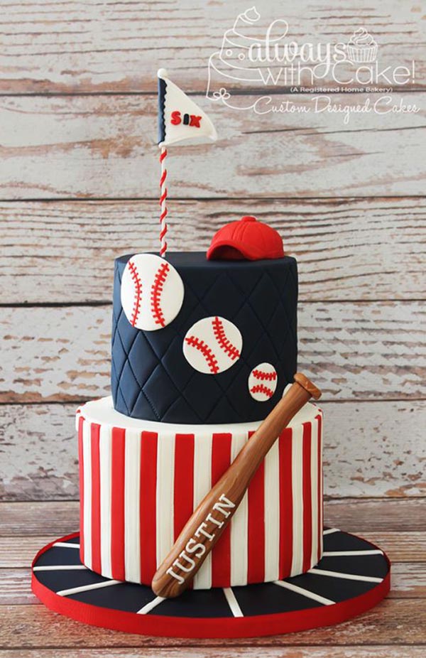 Love this baseball cake with a mini baseball bat