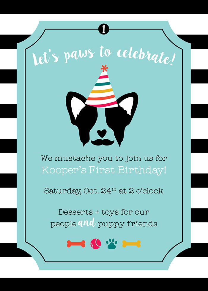 Pupstachio Mustache Doggie Birthday Party Invite - B. Lovely Events
