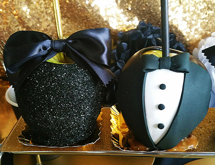 Black and gold Oscar Party- Tuxedo Caramel Apples -See More Oscar Party Ideas On B. Lovely Events