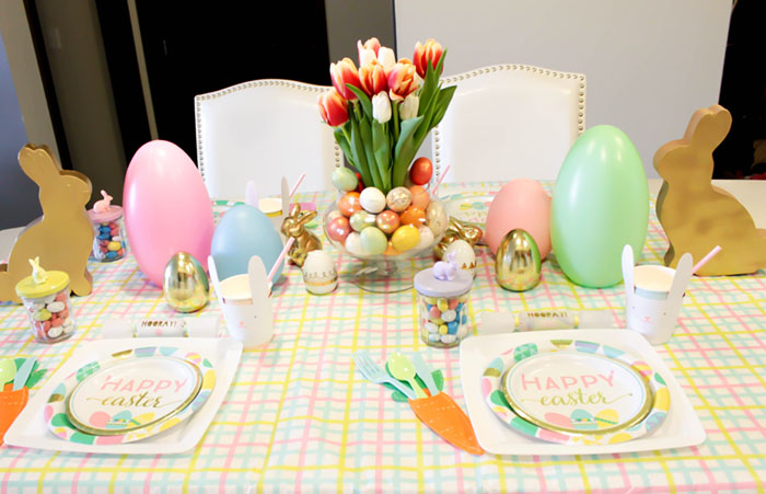 Lovely Kids Table Easter Table WIth Bunnies, Pastels & Gold- See more at B. Lovely Events