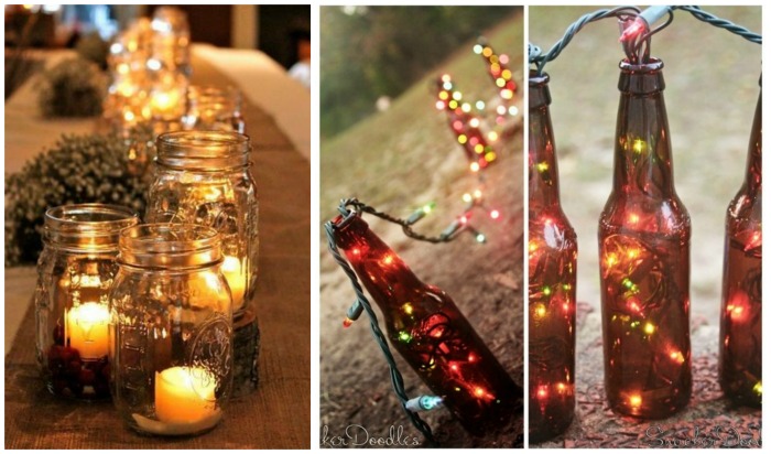 Light up your summer night with beach jar candle holders. A mismatched  group of mason jars sits atop a table. F…