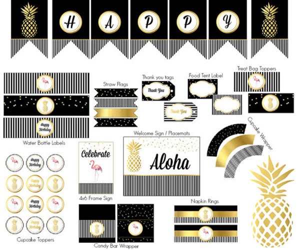 Black, white and gold Pineapple printable set. - See More Lovely Pineapple Party Ideas At B. Lovely Events!