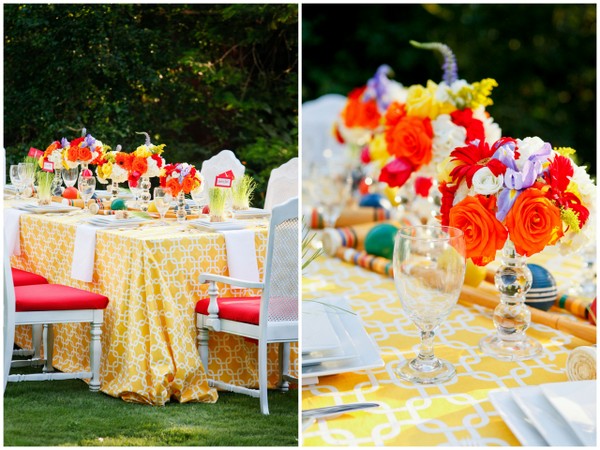 Colorful and bright spring wedding tablescape