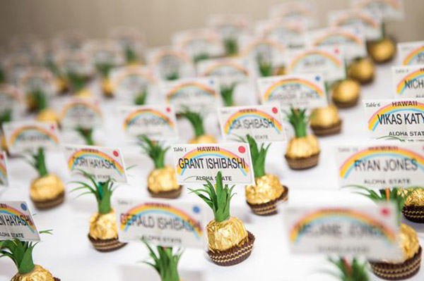 Fun Pineapple Escort Cards With chocolates - See More Lovely Pineapple Party Ideas At B. Lovely Events!