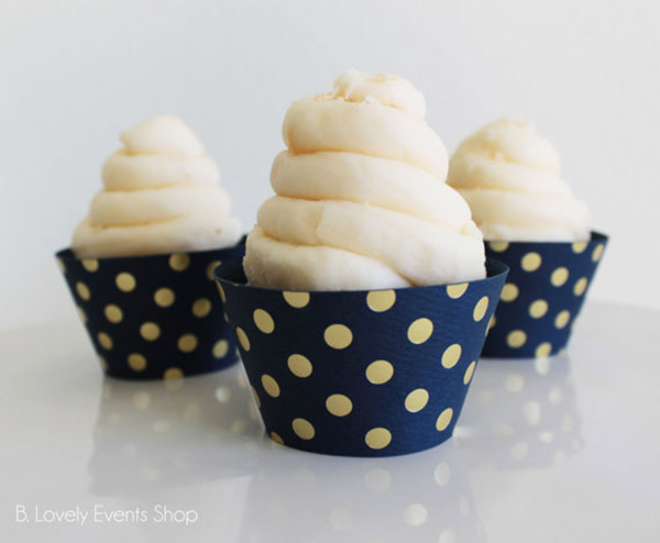 Gold and navy polka dot cupcake wrappers- See The new gold cupcake wrappers at B. Lovely Events Shop