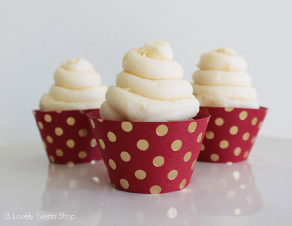 Gold and red polka dot cupcake wrappers - See The new gold cupcake wrappers at B. Lovely Events Shop