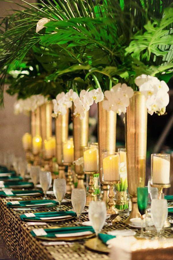 Palm Leaf Centerpieces- so pretty! - See more amazing party trends for 2016 at B. Lovely Events!