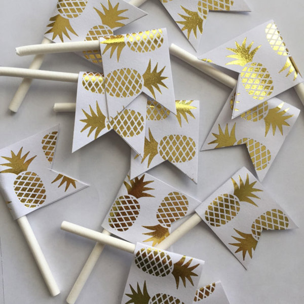 Gold Pineapple toppers are so cute! - See More Lovely Pineapple Party Ideas At B. Lovely Events!