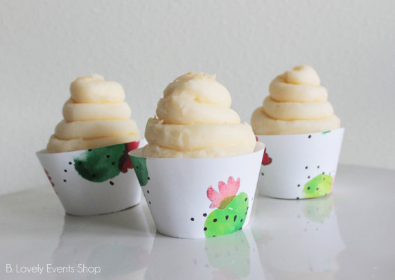 Fun Watercolor Prickly Cactus Cupcake Wrappers- Shop them on B. Lovely Events Shop