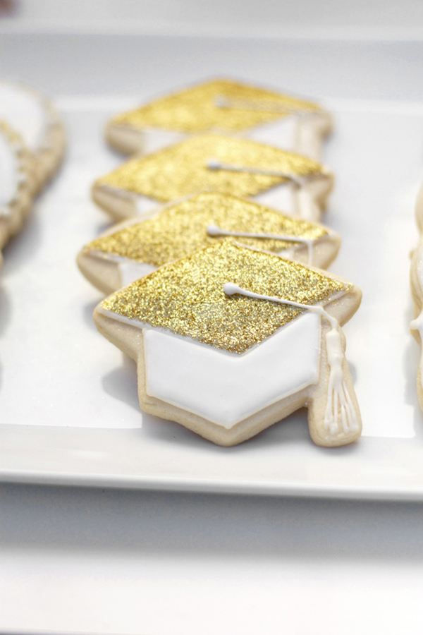 Gold Glitter Grad Hat Cookies - See More Gold Graduation Ideas on B. Lovely Events