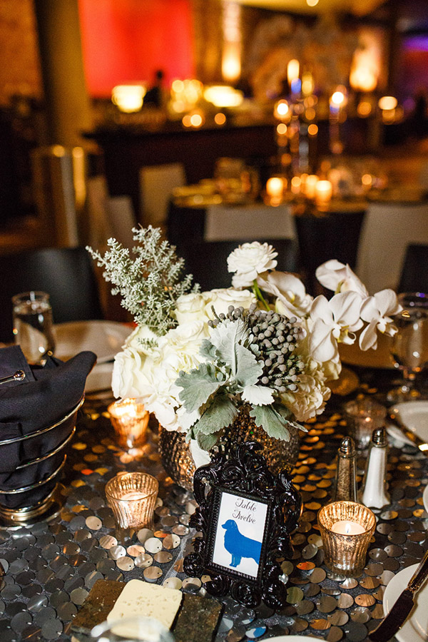 Modern white and silver wedding centerpiece with roses and orchids-  B. Lovely Events