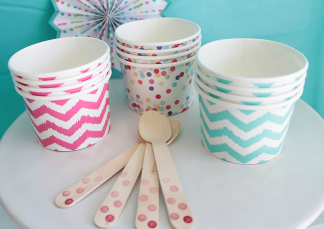 Pink and teal chevron Ice cream cups- See more ice cream party ideas on B. Lovely Events