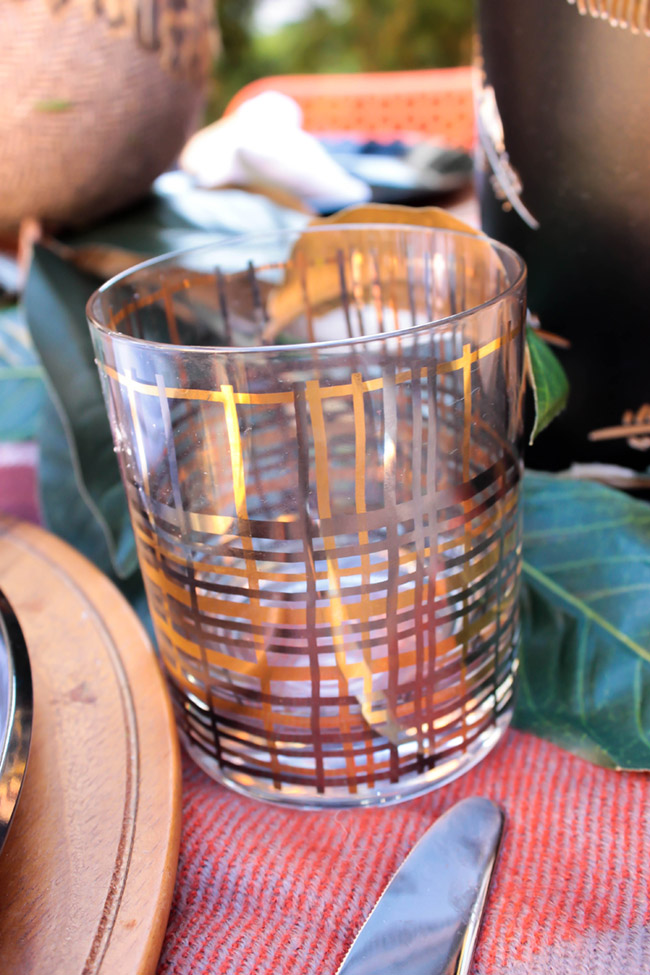 Gold and copper Plaid Glasses- Perfect For An Rustic Outdoor Tablescape! - See More Woodsy Tablescape Details On B. Lovely Events