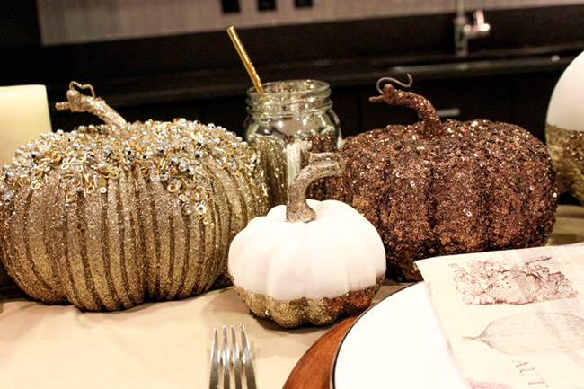 Sparkle pumpkins- Great decor for A beautiful Thanksgiving Tablescape- B. Lovely Events