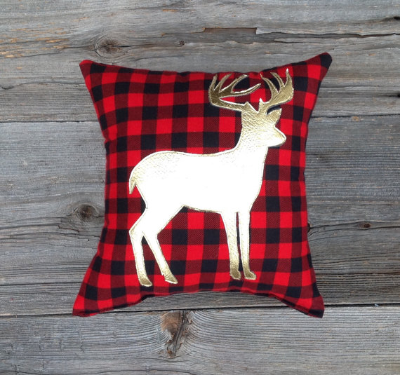 buffalo plaid gold deer pillow- perfect for the holidays