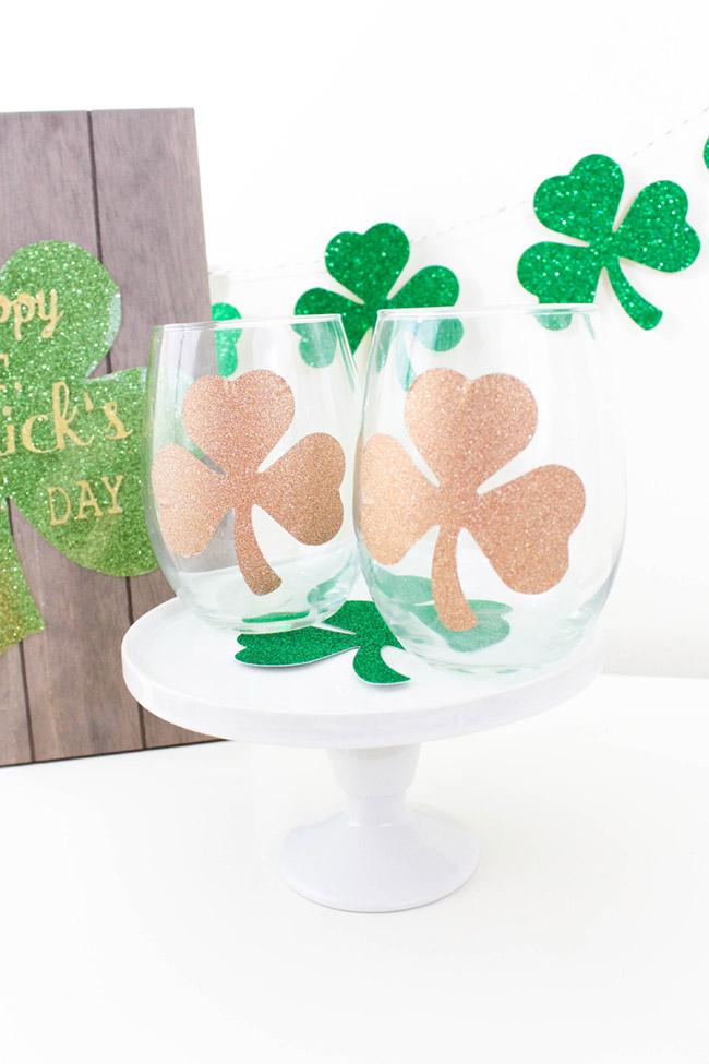 DIY Shamrock Wine Glasses for St. Patrick's Day- See how to make it on B. Lovely Events