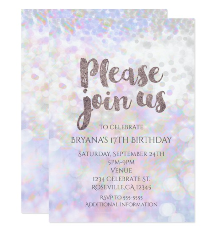 Iridescent Party Invitation- So lovely!- See more iridescent hologram party ideas on B. Lovely Events