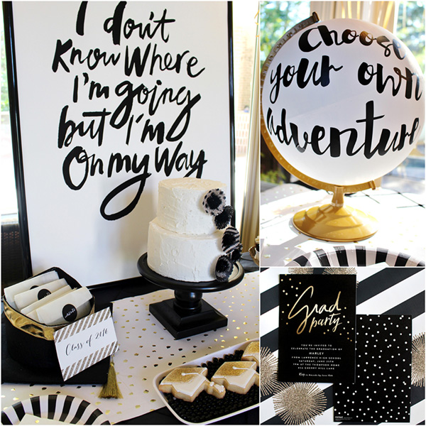 Love this amazing black and white Grad party decor! - See more graduation Party ideas on B. Lovely Events