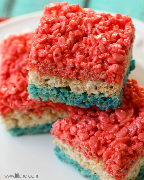 Red white and Blue 4th of July Rice Krisipie- See all 8 AWESOME 4th of July Rice Krispy ideas on B. Lovely Events!