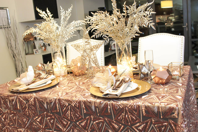 New Year's Eve Tablescape - Love this rose gold linen! - B. Lovely Events 
