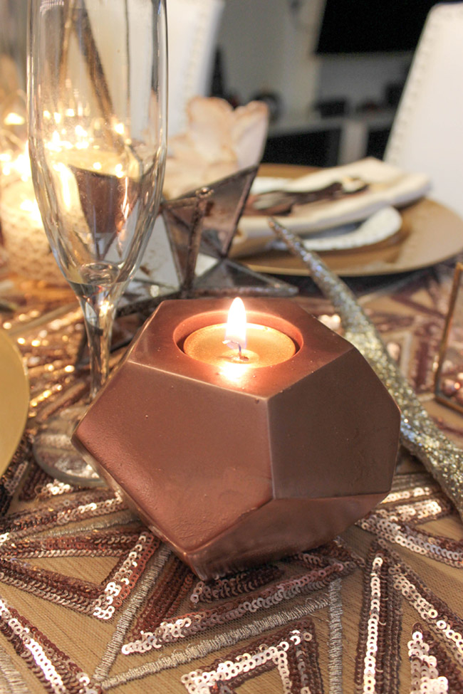 New Year's Eve Tablescape Rose gold votives are so lovely! B. Lovely Events