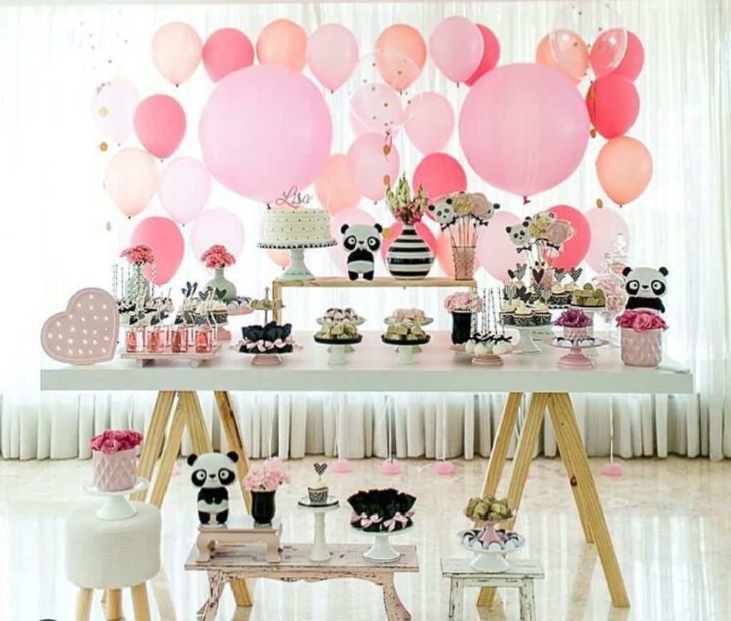 love all of the colors pink and peach of this panda party-See more Panda Party ideas on B. Lovely Events