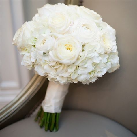 Classic White Hydrangea bouquet with ranunculus and roses- See more wedding bouquets on B. Lovely Events