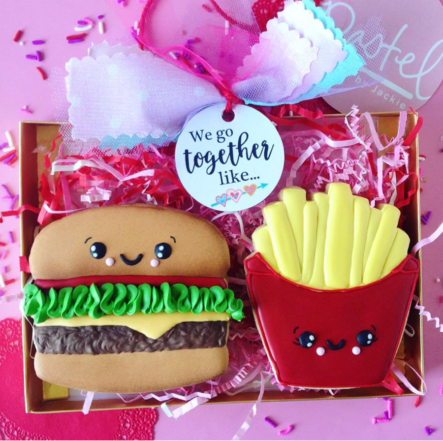 We go together like burger and french fries valentine's day cookies! -See more of our favorite valentine's day cookies of 2019 on B. Lovely Events! #valentinesday #cookies #decoratedcookies