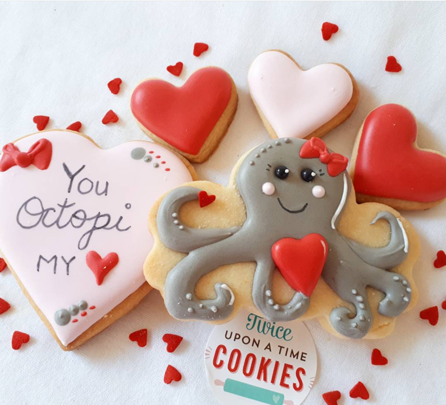 cute octopus valentine's day cookies! -See more of our favorite valentine's day cookies of 2019 on B. Lovely Events! #valentinesday #cookies #decoratedcookies