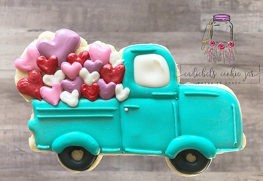 cute truck full of hearts valentine's day cookies! -See more of our favorite valentine's day cookies of 2019 on B. Lovely Events! #valentinesday #cookies #decoratedcookies