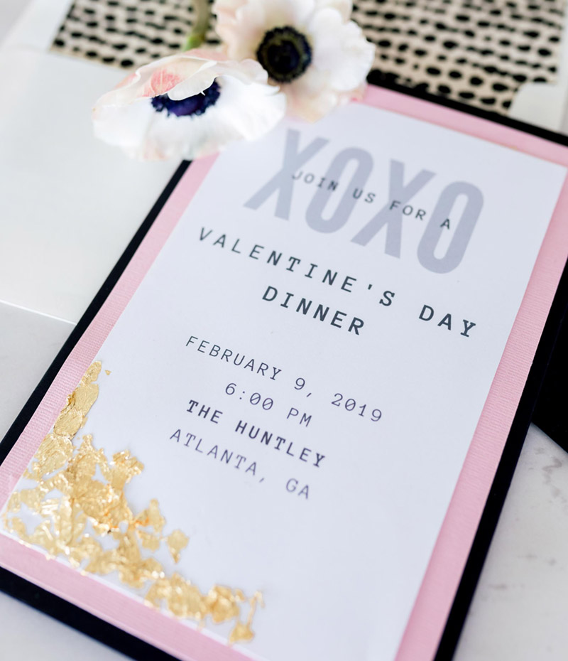 Pink and gold valentines day invitation- See all of the details on B. Lovely Events! #valentinesday #tablescape #orchids #anenomies #centerpiece 