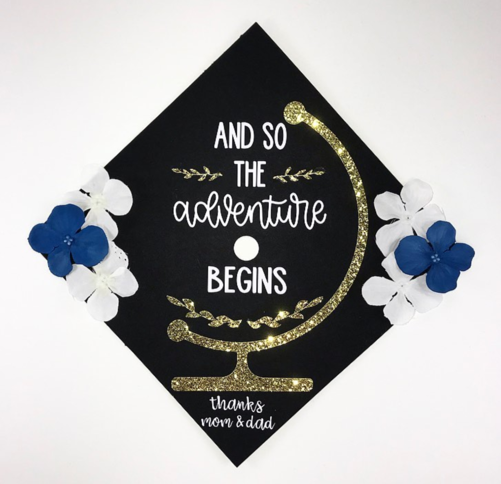 And so the adventure begins decorated graduation cap- See more graduation caps on B. Lovely Events! #graduation #graduationcap